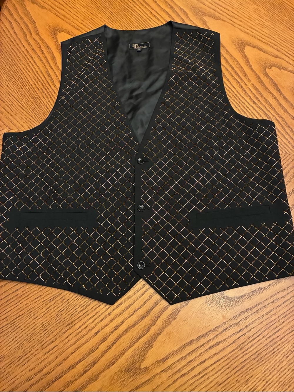Barocco Los Angeles Men's Black Gold Rhinestone Diamond Pattern Suit Vest 2XL